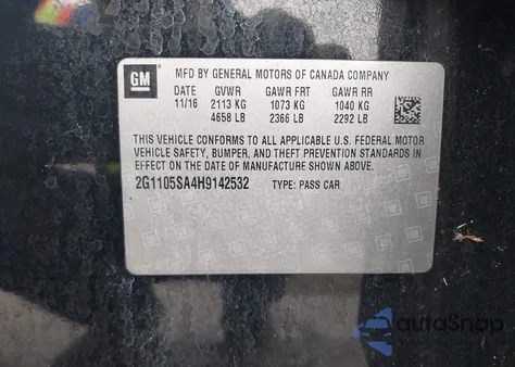 2017 Chevrolet Impala 1Lt from USA, damaged, VIN 2G1105SA4H9142532